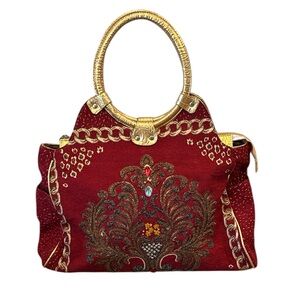 Mellow World Garnet & Gold Embroidered Beaded Carpet Tapestry Tote Bag